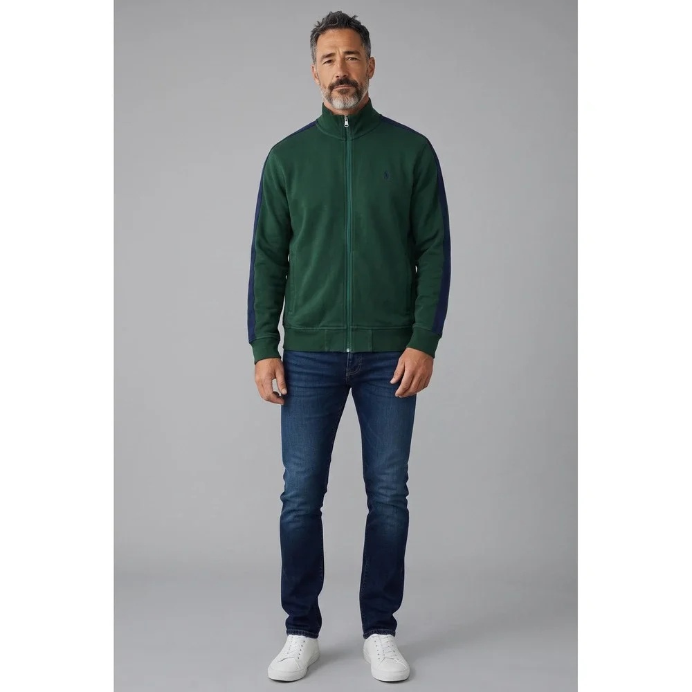 Polo Ralph Lauren Mens Green Navy Stripe Full Zip Track Jacket Fleece Large